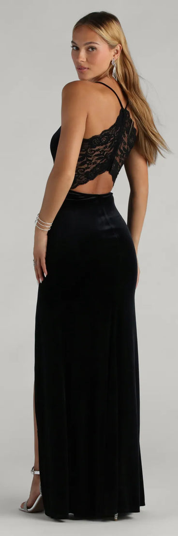 The Jaymie Formal Velvet Lace Back Mermaid Dress in luxe black fabric, a stunning prom dress with statement details designed to make a bold impression at Prom 2025.
