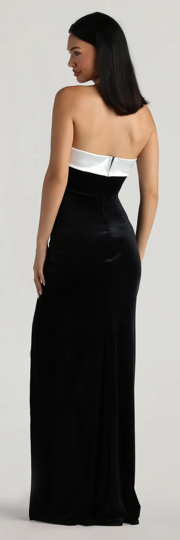 The Marilyn Formal Velvet Strapless Satin Long Dress is an elegant black formal dress in a rich seasonal color and with unique design accents that make dressing up for winter parties, holiday balls, or festive gatherings effortless!