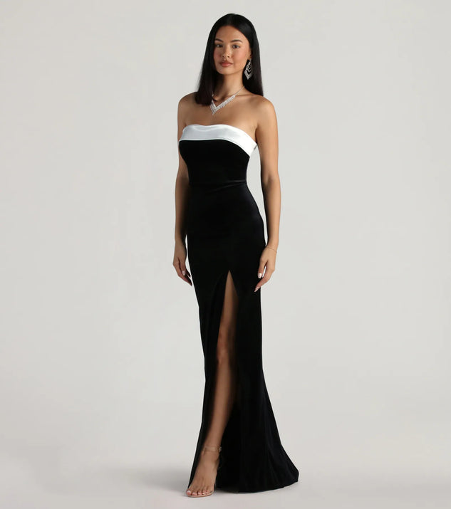 marilyn front twist satin dress Marilyn Strapless Ruffle Slit Satin Formal Dress