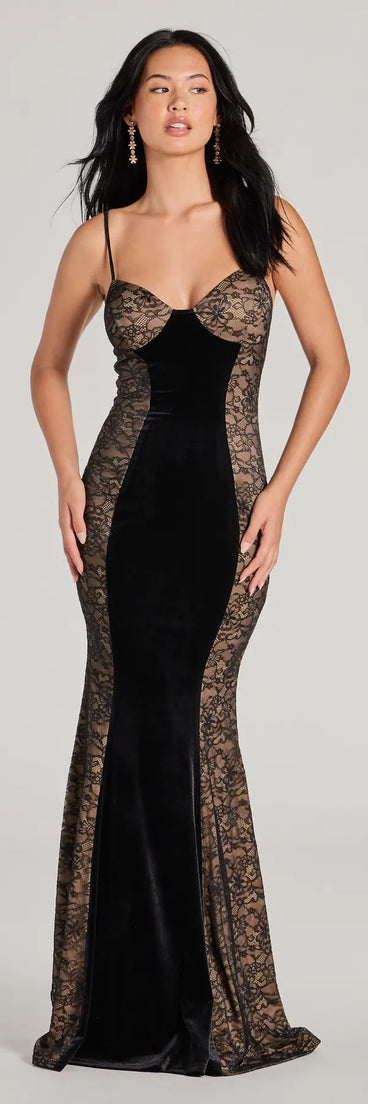 The Dahlia V-Neck Mermaid Lace Velvet Formal Dress is your new go-to black dress—effortless, versatile, and made to update your fall style in seconds.