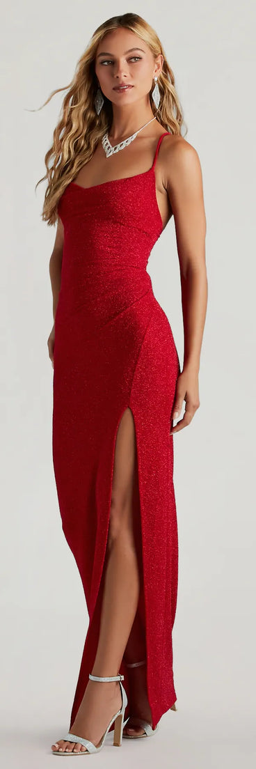 Amirah Formal Glitter Cowl Neck Column Dress