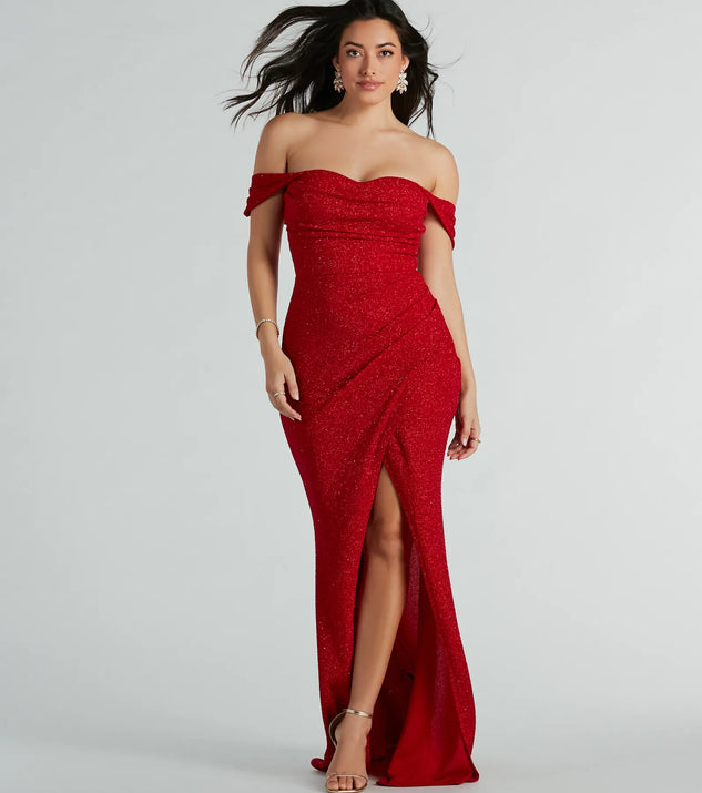 Own every entrance in the Airlie Formal Glitter Off-The-Shoulder Dress, a red party dress perfect for milestone birthdays and grad parties, or dancing through summer nights and unforgettable bachelorette celebrations.
