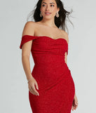 Make a bold statement in the Airlie Formal Glitter Off-The-Shoulder Dress in red, the perfect spring dress for weddings, cocktail hours, nights out, and/or seasonal celebrations.