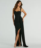You'll be the best dressed in the Carolyn Cowl Neck Glitter Formal Dress With Train as your summer formal dress with unique details from Windsor.