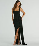 Whether it's the color or silhouette of the Carolyn Cowl Neck Glitter Formal Dress With Train, this black bridesmaid dress is a gorgeous pick for a maid-of-honor or to create a bridal party look ready to celebrate!
