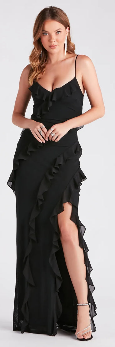 The Melrose Formal Mesh Ruffle Mermaid Dress is an elegant black formal dress in a rich seasonal color and with unique design accents that make dressing up for winter parties, holiday balls, or festive gatherings effortless!