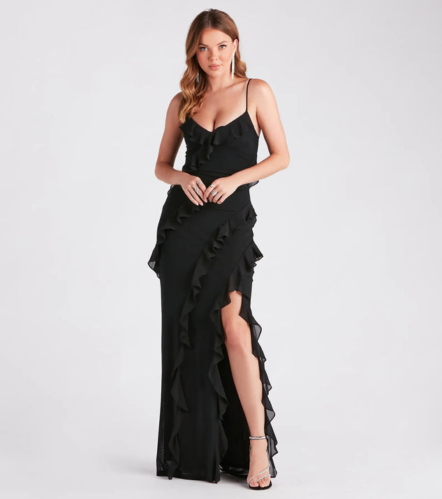 The Melrose Formal Mesh Ruffle Mermaid Dress is an elegant black formal dress in a rich seasonal color and with unique design accents that make dressing up for winter parties, holiday balls, or festive gatherings effortless!