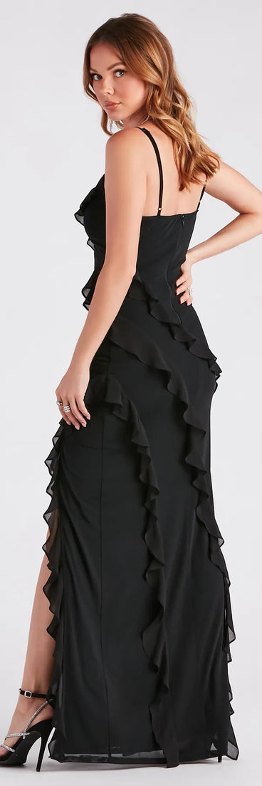 The Melrose Formal Mesh Ruffle Mermaid Dress is an elegant black formal dress in a rich seasonal color and with unique design accents that make dressing up for winter parties, holiday balls, or festive gatherings effortless!