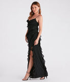 The Melrose Formal Mesh Ruffle Mermaid Dress is an elegant black formal dress in a rich seasonal color and with unique design accents that make dressing up for winter parties, holiday balls, or festive gatherings effortless!