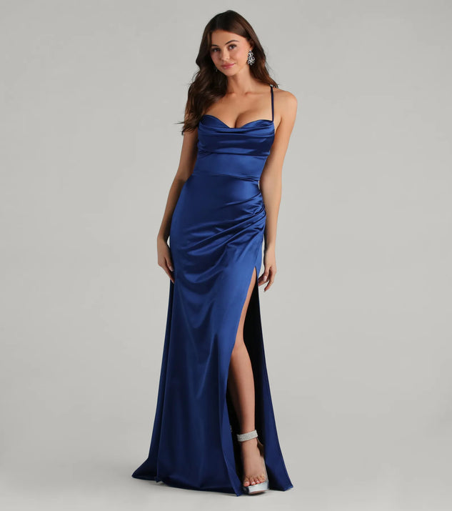 Feel instantly put-together in the Melinda Satin Lace-Up Formal Dress in navy blue, a summer wedding guest dress designed for confident style and all-out celebration.