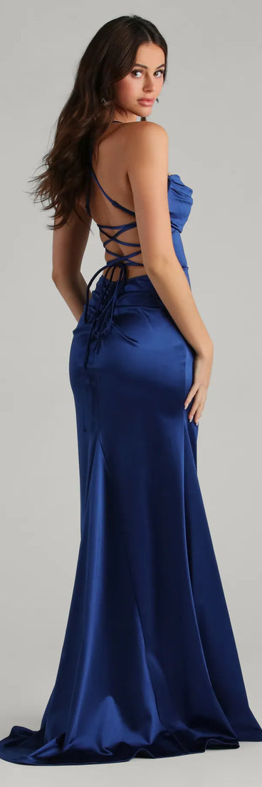 Own your moment in the Melinda Satin Lace-Up Formal Dressin navy blue, a standout 2025 Homecoming Dress that captures all the glam and energy of the night.