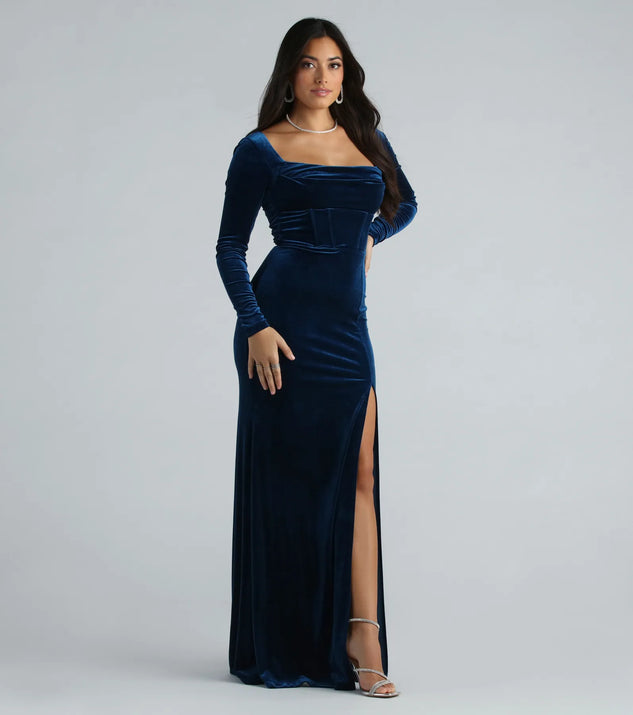 long sleeve royal blue velvet dress Pam Formal Velvet Long Sleeve Mermaid Dress