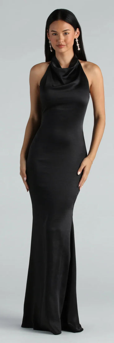 Amber Formal Satin Halter Open Back Long Dress