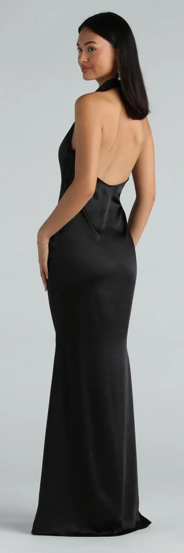 Amber Formal Satin Halter Open Back Long Dress | Windsor Amber Formal Satin Halter Open Back Long Dress | Windsor