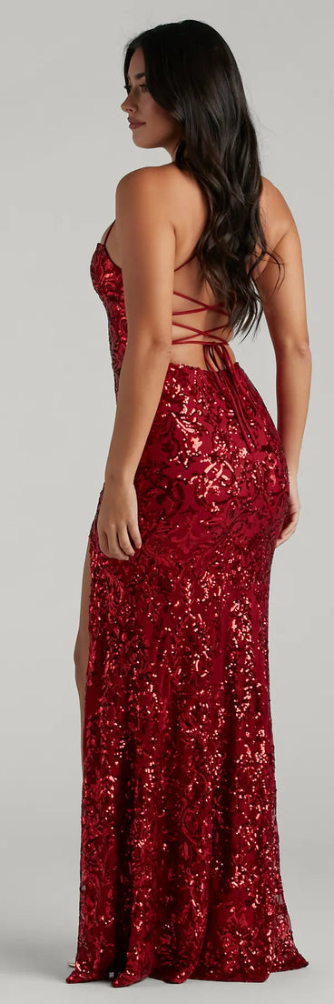 Make a statement in the Kinsley Formal Sequin Mermaid Dress, a bold red prom dress designed to exude confidence, elegance, and a striking prom-night look.