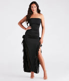 You'll be the best dressed in the Kenna Rosette Applique Ruffled Formal Dress as your winter formal dress with beautiful and unique details from Windsor.