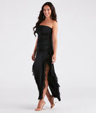 You'll be the best dressed in the Kenna Rosette Applique Ruffled Formal Dress as your winter formal dress with beautiful and unique details from Windsor.