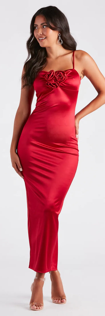 Leia Rosette Applique Long Satin Formal Dress