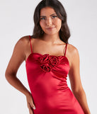 Leia Rosette Applique Long Satin Formal Dress