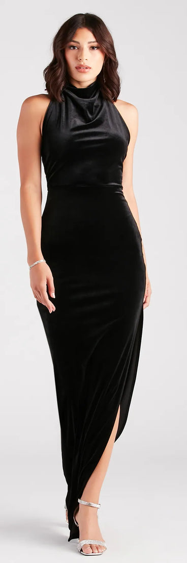 Revamp your 2025 wardrobe with this chic addition, the Mildred Formal Velvet Halter Slit Long Dress in black, perfect for elevating your style in the new year.