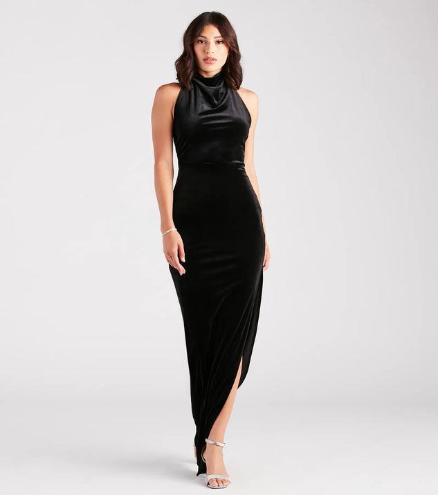 Mildred Formal Velvet Halter Slit Long Dress | Windsor Mildred Formal Velvet Halter Slit Long Dress | Windsor
