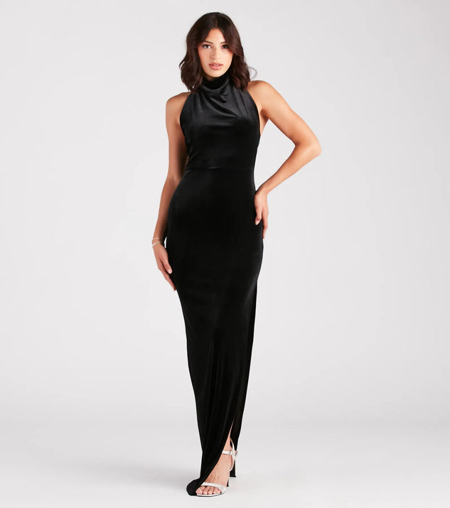 Mildred Formal Velvet Halter Slit Long Dress | Windsor Mildred Formal Velvet Halter Slit Long Dress | Windsor