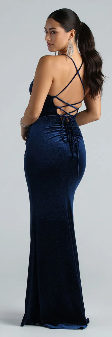 Pamela Formal Glitter Velvet Lace-Up Dress