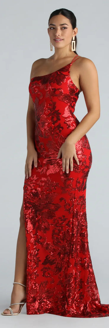 Kris Formal Sequin One Shoulder Dress With Train