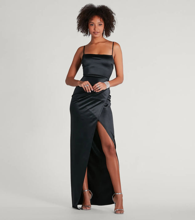 Turn heads at Prom 2025 in this black prom dress, where statement-making details meet the iconic style of the Mayra Formal Satin Slit Long Dress .