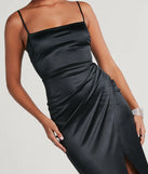 Step into Prom 2025 in a black prom dress, where unique Windsor accents and the standout Mayra Formal Satin Slit Long Dress style come together.