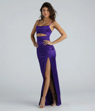 Make a bold statement in the Kyla Cutout High Slit Satin Formal Dress in purple, the perfect fall dress for weddings, cocktail hours, nights out, and/or seasonal celebrations.