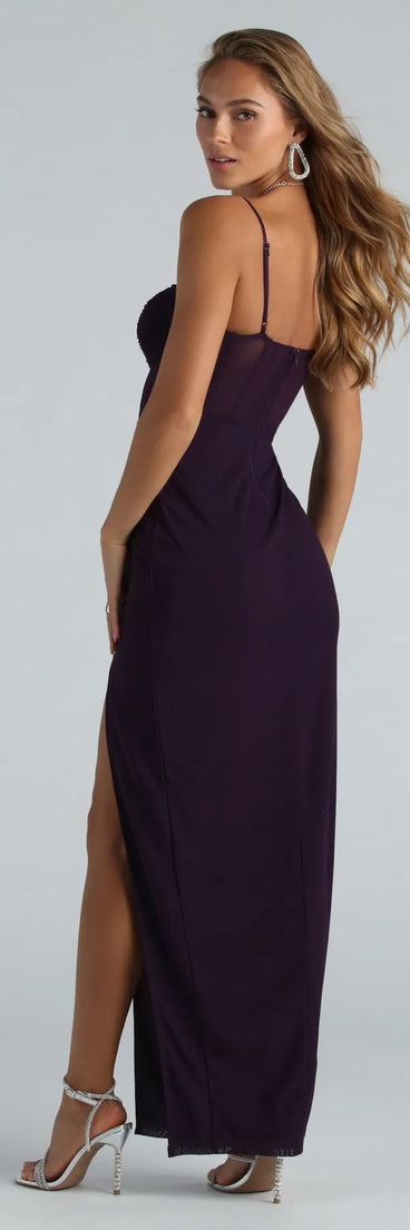 Celebrate in style with the Jill Formal Mesh Bustier Slim Long Dress, a plum formal wedding guest dress featuring an elegant silhouette and luxe details, perfect for a black-tie celebration.