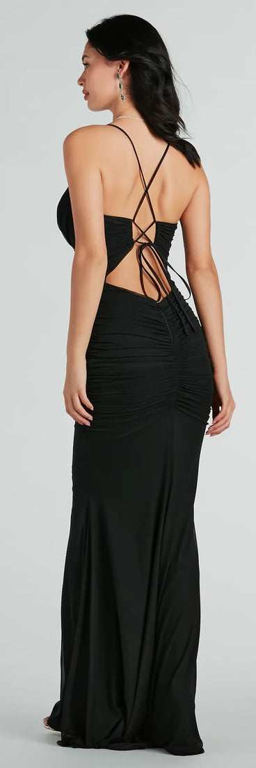 Celebrate in style with the Lexi Formal Mesh Lace-Up Mermaid Long Dress, a black formal wedding guest dress featuring an elegant silhouette and luxe details, perfect for a black-tie celebration.
