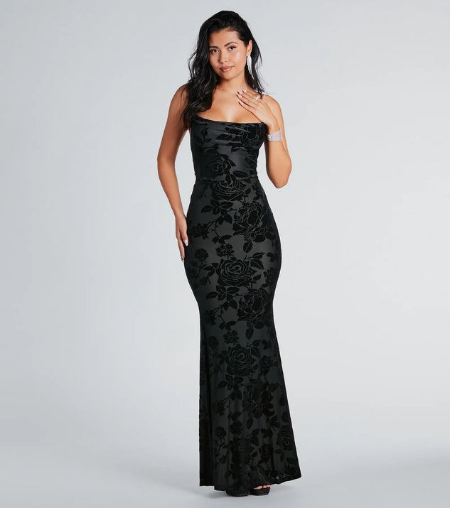 Ally Formal Velvet Burnout Lace-Up Mermaid Dress | Windsor Ally Formal Velvet Burnout Lace-Up Mermaid Dress | Windsor