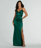 Turn heads at Prom 2025 in this hunter green prom dress, where statement-making details meet the iconic style of the Jordyn Formal Satin Mermaid Dress With Train .