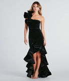 Make a bold statement in the Beatrice Formal Velvet Ruffle High Low Dress in black, the perfect summer dress for weddings, cocktail hours, nights out, and/or seasonal celebrations.