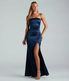 Hallie Rhinestone Satin High Slit Mermaid Dress
