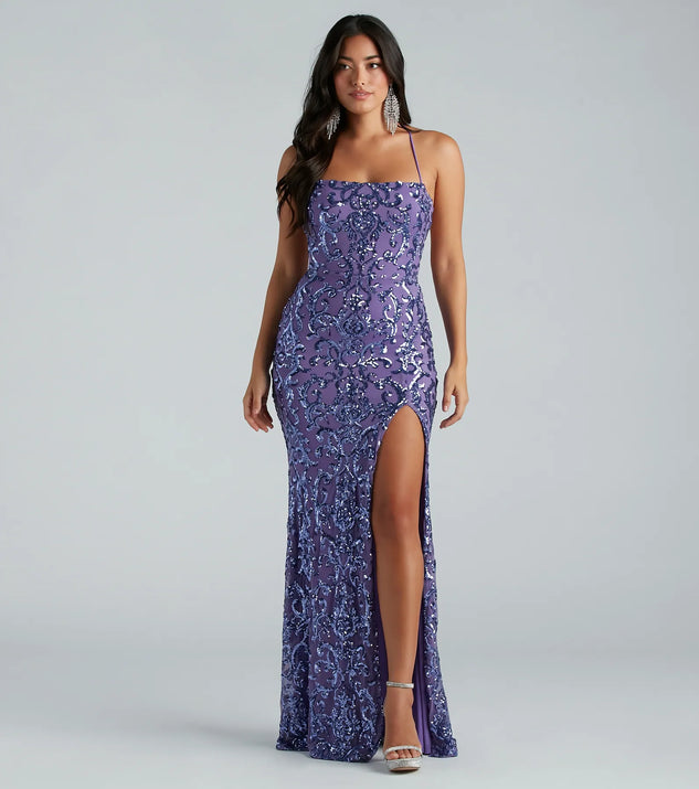 Windsor Rowena Sequin Mermaid Dress in Navy Blue | Size: S | Knit Fabric/Mesh Fabric/Sheer Mesh Fabric Windsor Rowena Sequin Mermaid Dress in Navy Blue | Size: S | Knit Fabric/Mesh Fabric/Sheer Mesh Fabric
