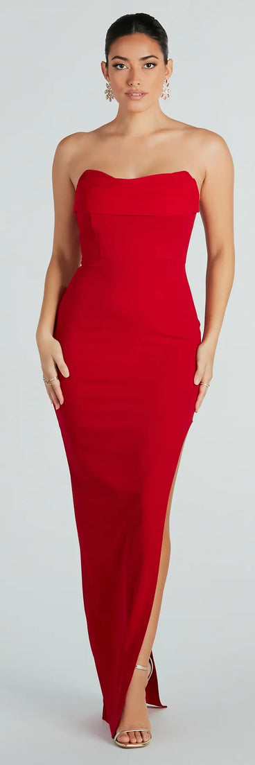 Aurie Formal Crepe Strapless Slit Long Dress