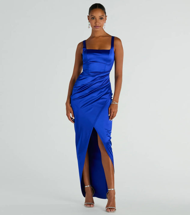 Windsor Rebecca Satin Slim-Fit Formal Dress in Black | Size: L