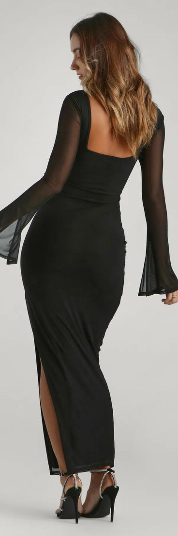 The Becka Formal Mesh High Slit Long Dress is a show-stopping black homecoming dress, offering a sleek, slimming silhouette that enhances your natural beauty for an unforgettable night.