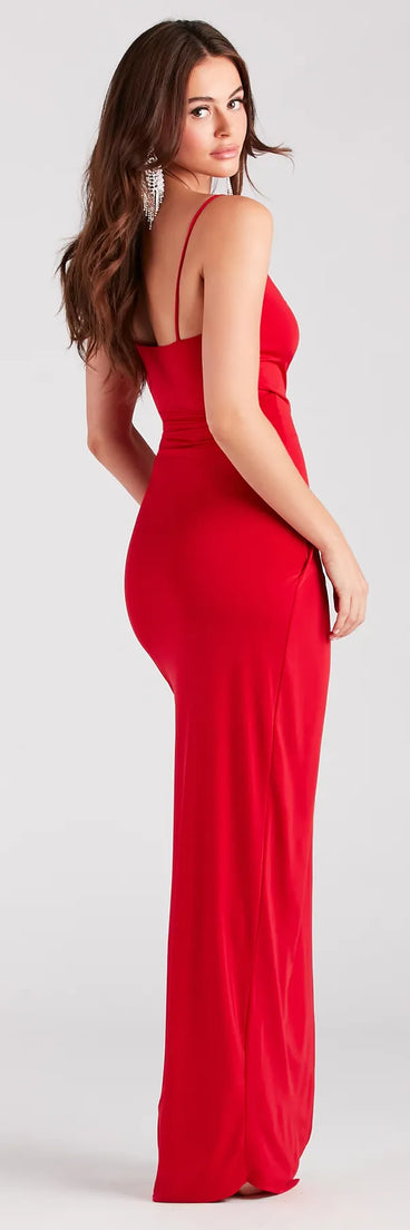 Mila Rosette Wrap-Front High Slit Formal Dress