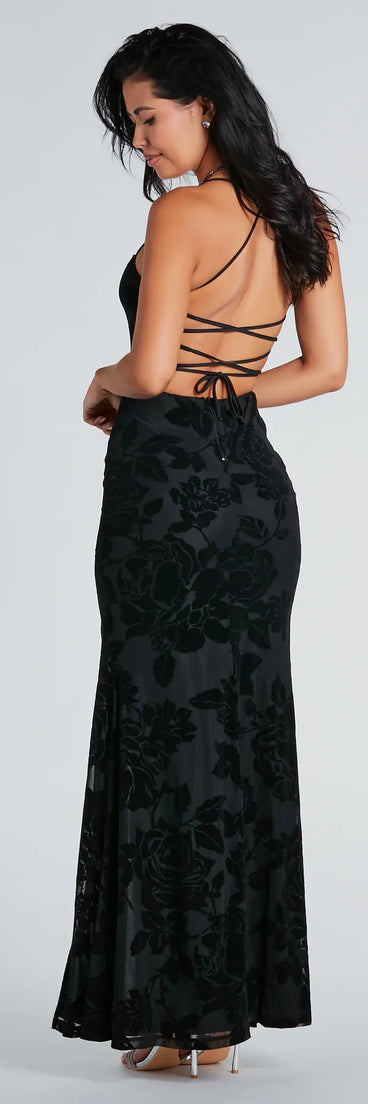 Norma Formal Velvet Floral Lace-Up Mermaid Dress