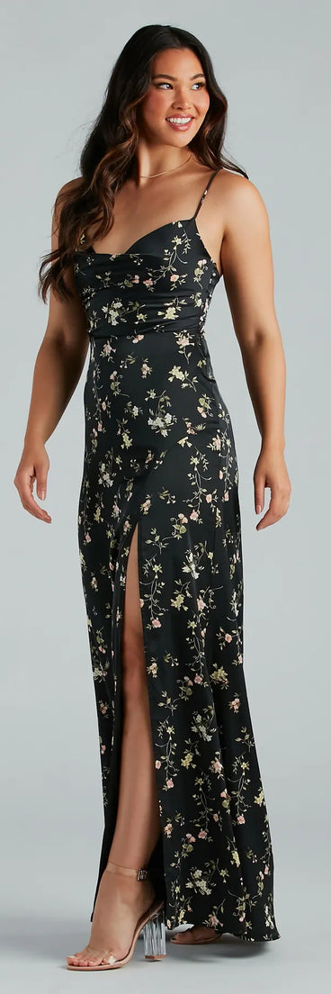 The Mackenzie Formal Satin Floral Lace-Up Dress is an elegant black formal dress in a rich seasonal color and with unique design accents that make dressing up for winter parties, holiday balls, or festive gatherings effortless!