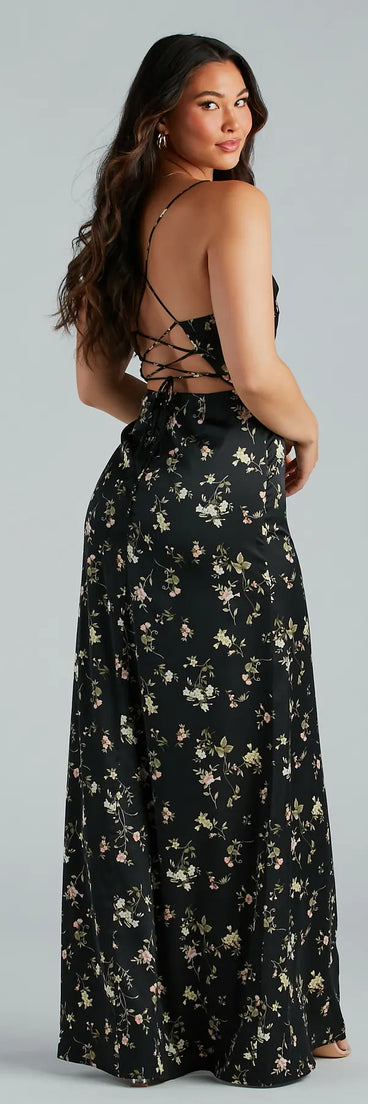 The Mackenzie Formal Satin Floral Lace-Up Dress is an elegant black formal dress in a rich seasonal color and with unique design accents that make dressing up for winter parties, holiday balls, or festive gatherings effortless!