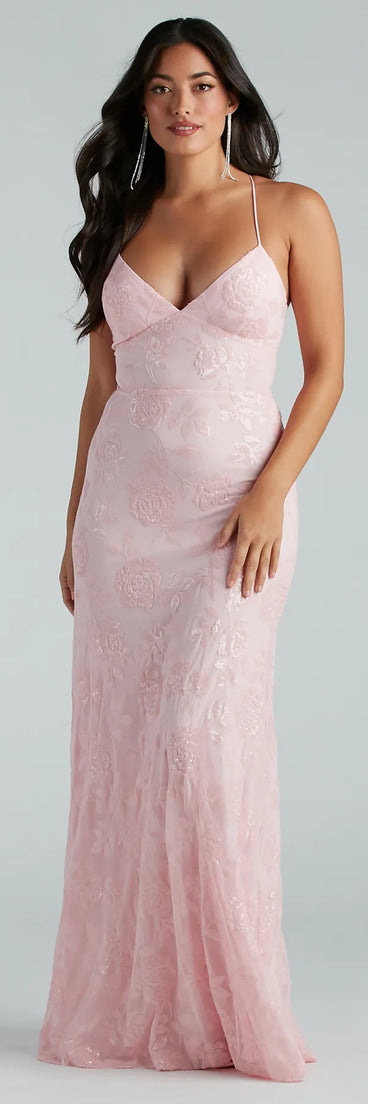 Kleo Formal Sequin Rose Lace-Up Mermaid Dress