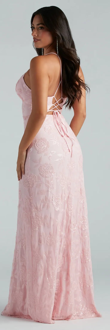 Kleo Formal Sequin Rose Lace-Up Mermaid Dress