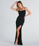 The Mara Formal High Slit Mermaid Dress in luxe black fabric, a stunning prom dress with statement details designed to make a bold impression at Prom 2025.