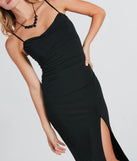 The Mara Formal High Slit Mermaid Dress in luxe black fabric, a stunning prom dress with statement details designed to make a bold impression at Prom 2025.