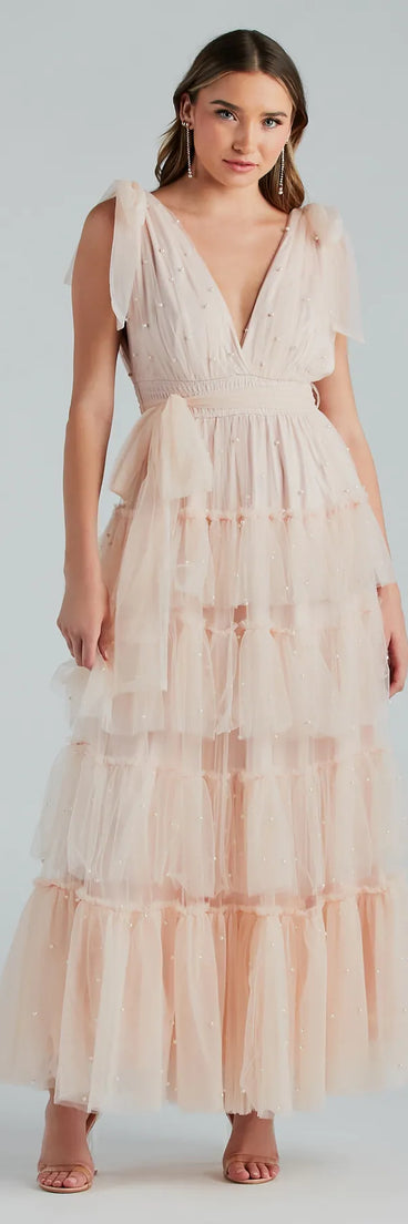 Adele Pearl Detail Ruffle Tulle Formal Dress